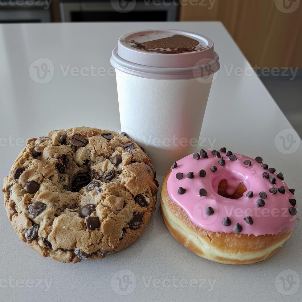 AI generated A cardboard coffee cup and two donuts are on the table photo