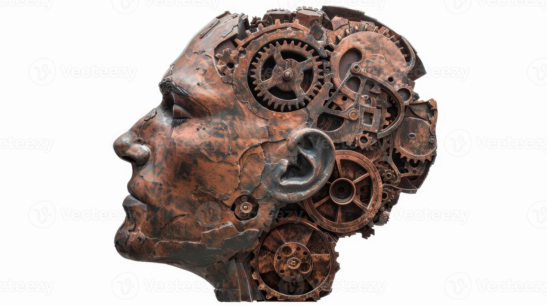 AI generated A human head with a toothed clockwork mechanism. The concept of thinking, decision-making photo