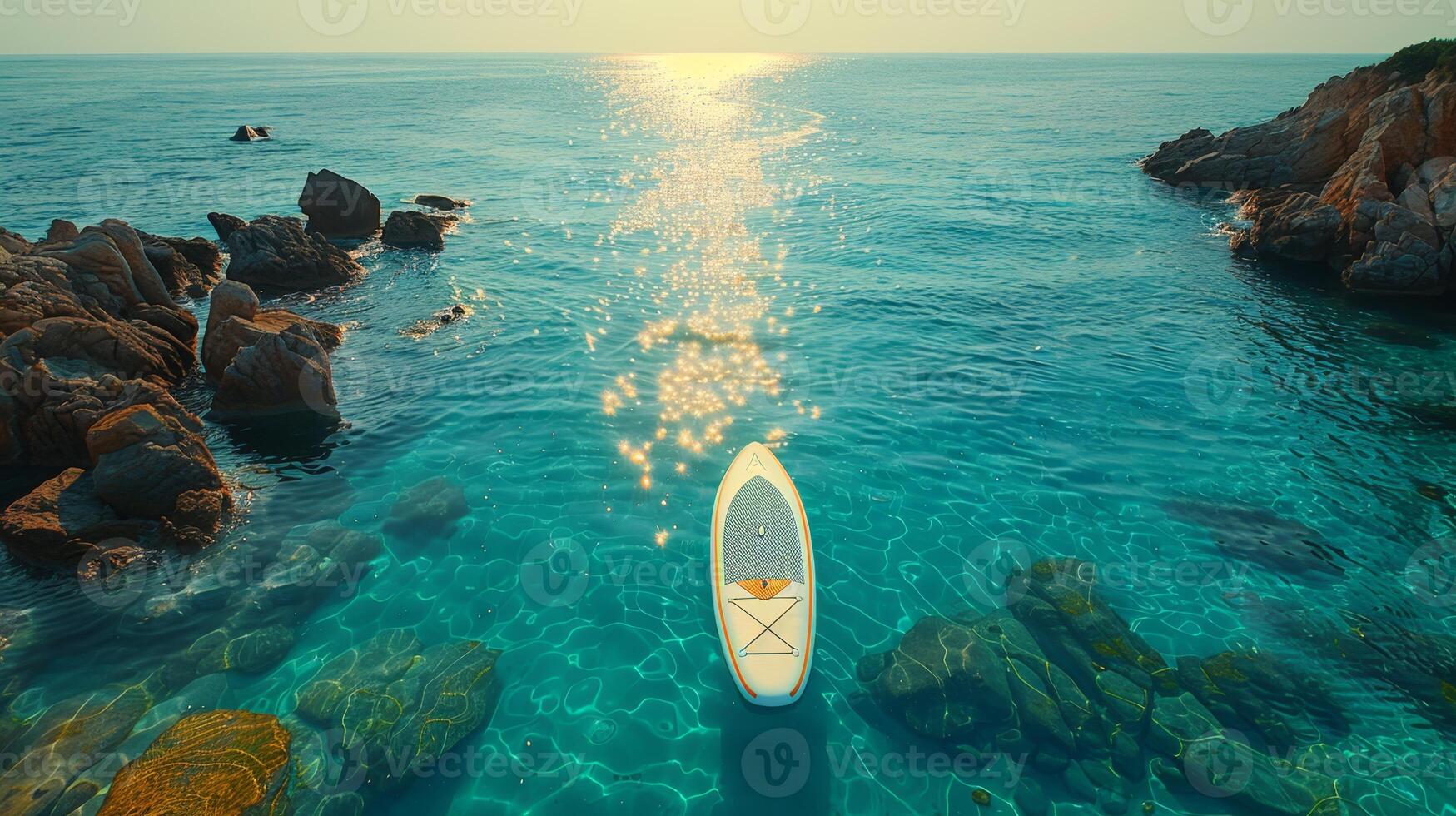 AI generated Multicolored SUP board on a blue sea background photo