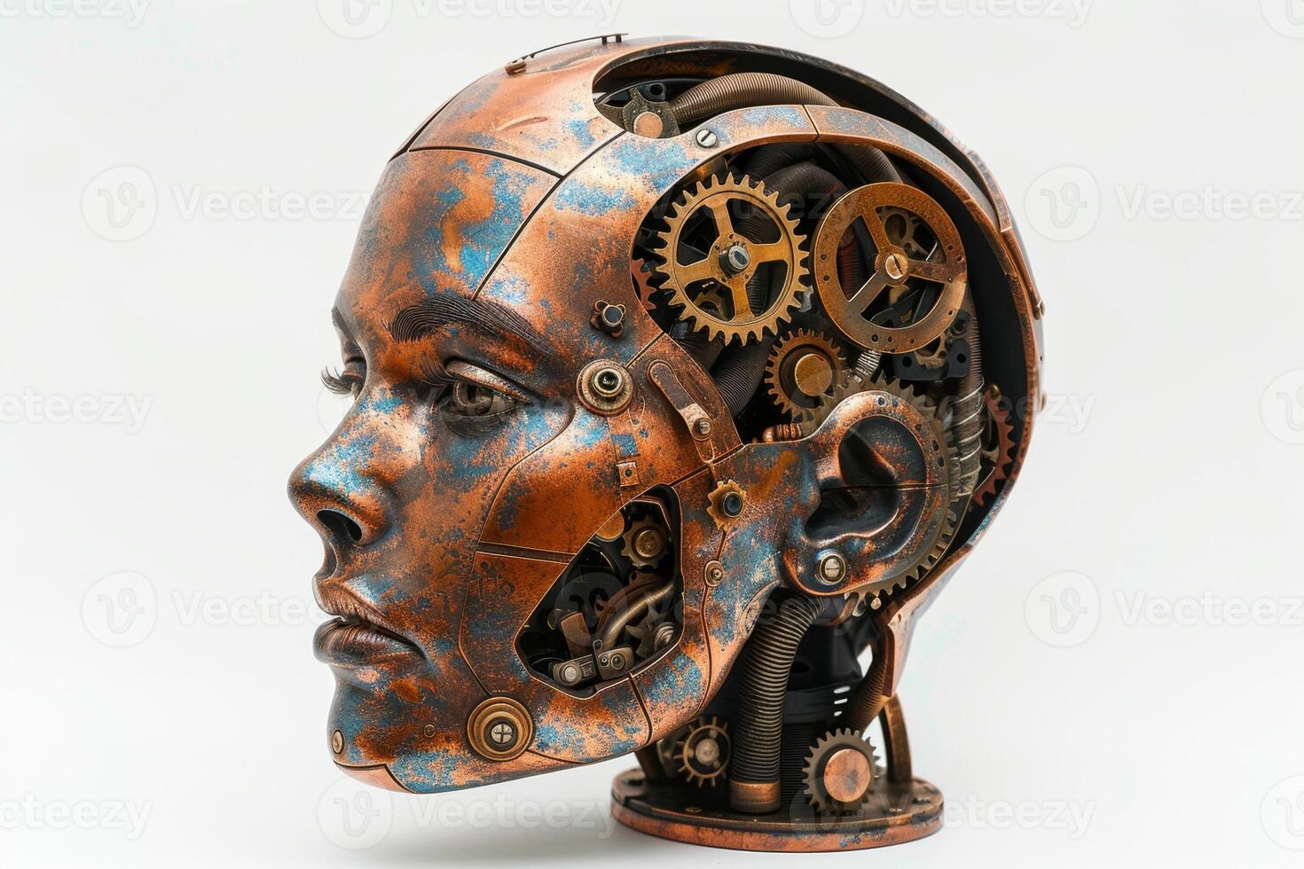 AI generated A human head with a toothed clockwork mechanism. The concept of thinking, decision-making photo