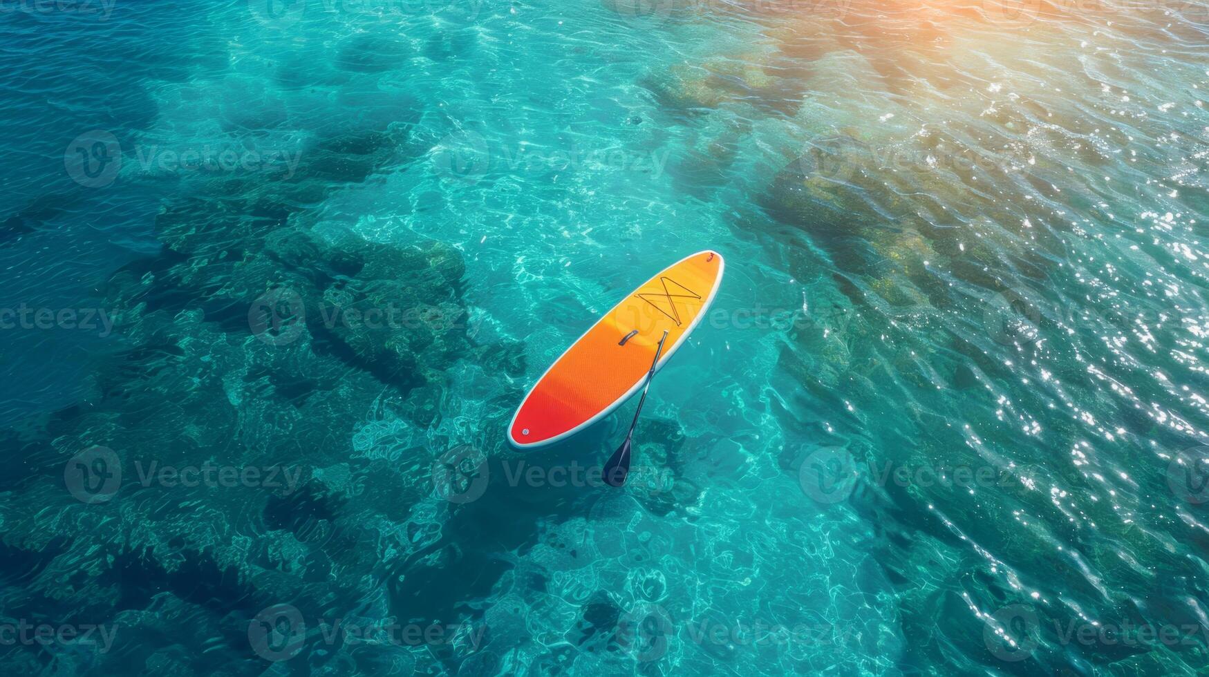 AI generated Multicolored SUP board on a blue sea background photo
