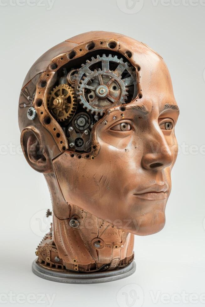 AI generated A human head with a toothed clockwork mechanism. The concept of thinking, decision-making photo