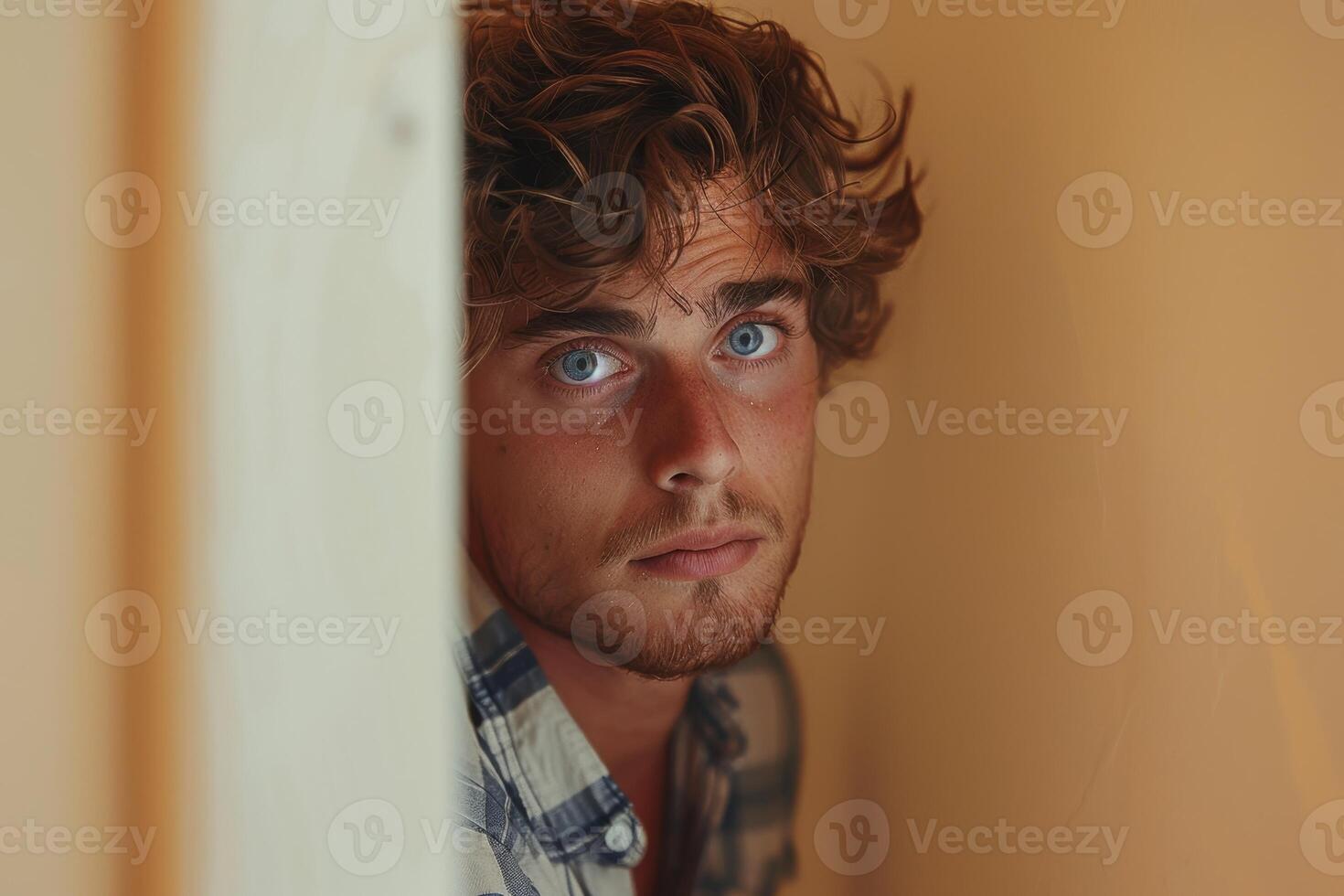 AI generated Close-up of a man peeking around the corner photo