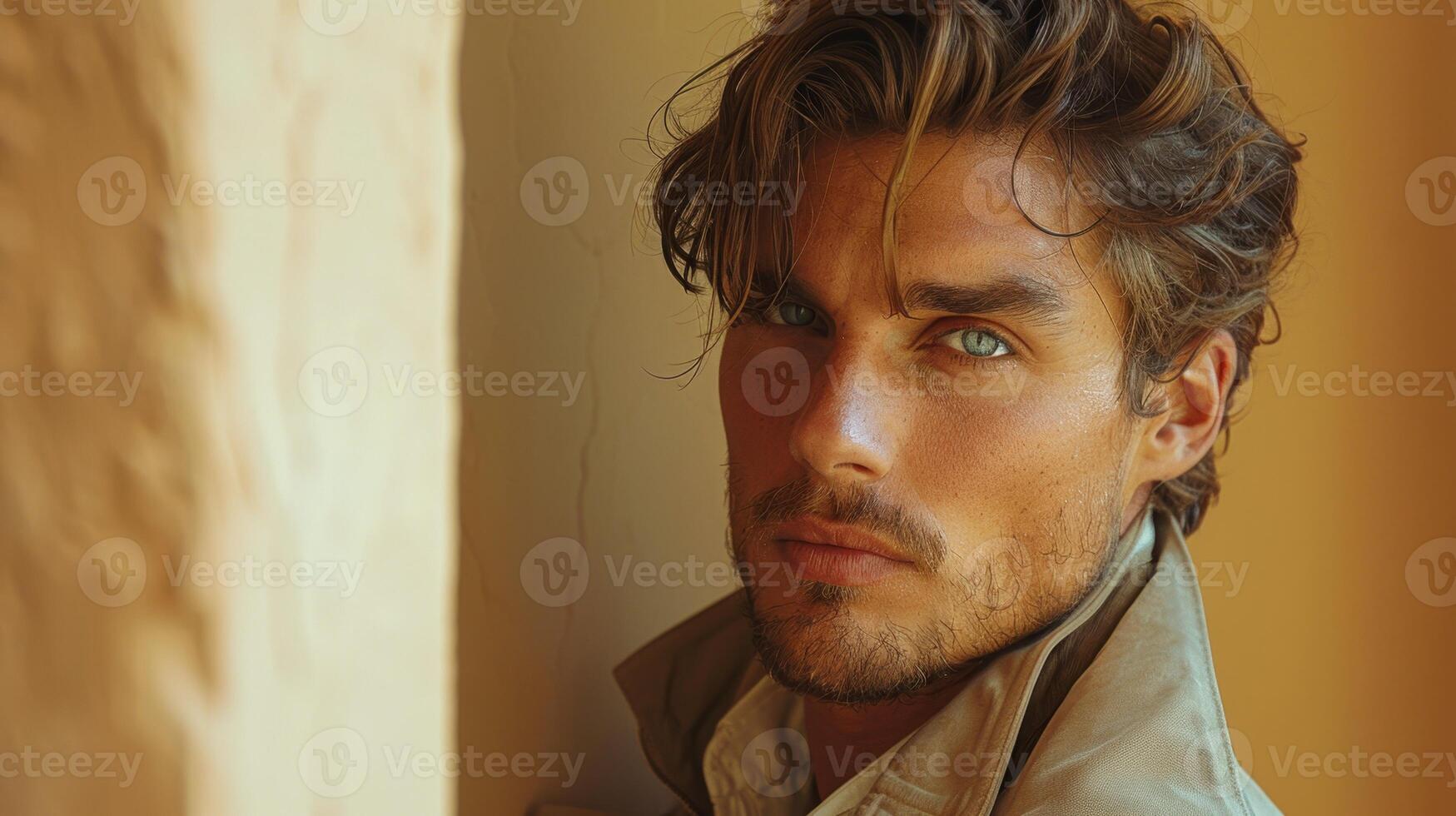 AI generated Close-up of a man peeking around the corner photo