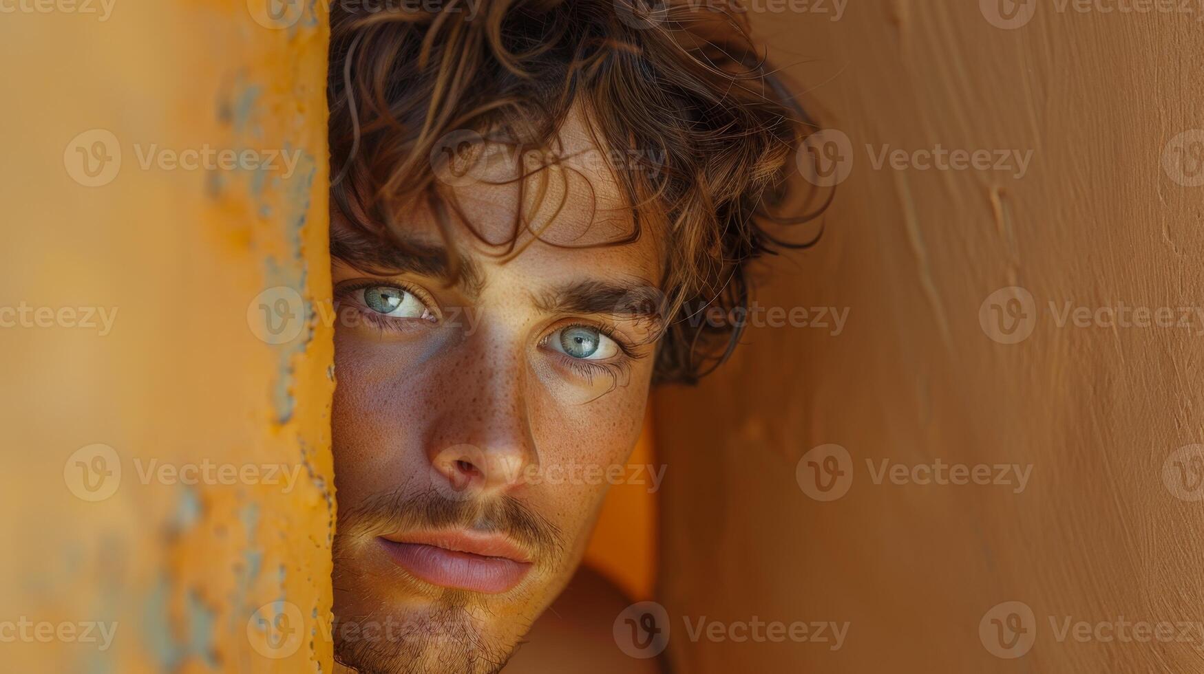 AI generated Close-up of a man peeking around the corner photo