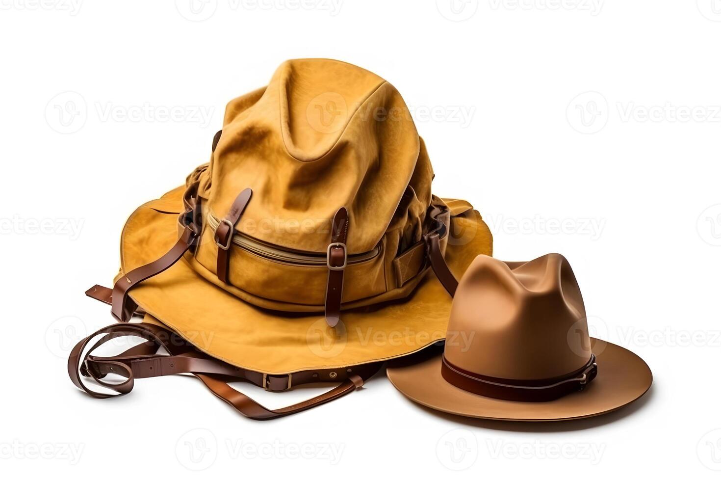 AI generated Travel set isolated on white background. Hat, backpack and boots. Neural network AI generated photo