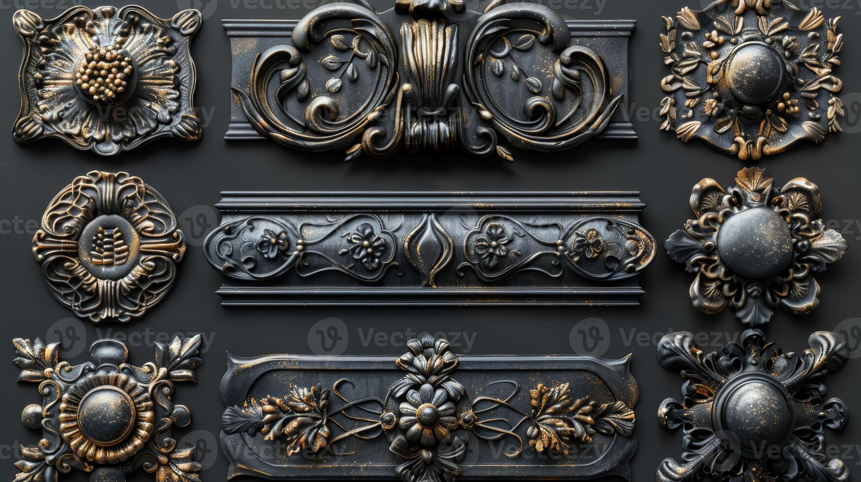 AI generated A set of metal decorative moldings. Forged decorative design elements photo