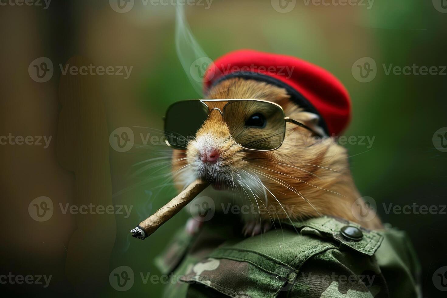 AI generated A hamster in a military uniform and a red birette with a cigar photo