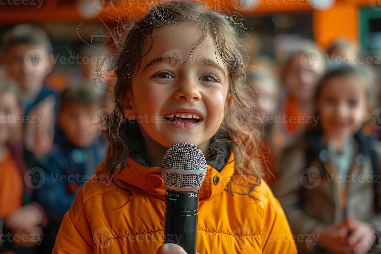 AI generated A teenage girl sings a song into a microphone in front of children photo