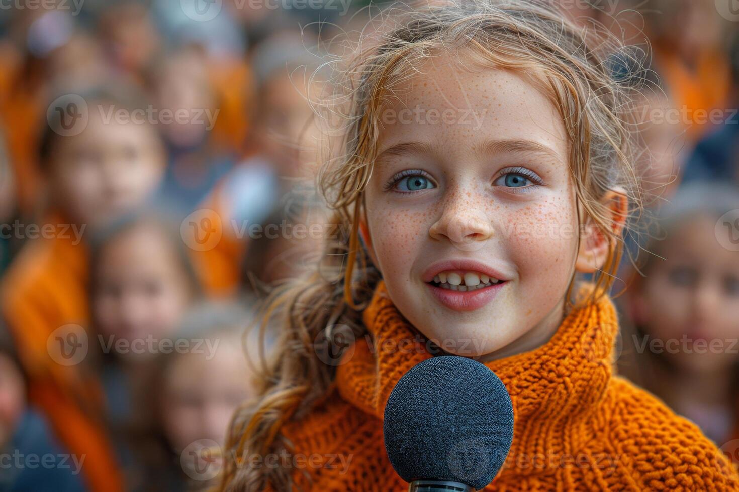 AI generated A teenage girl sings a song into a microphone in front of children photo
