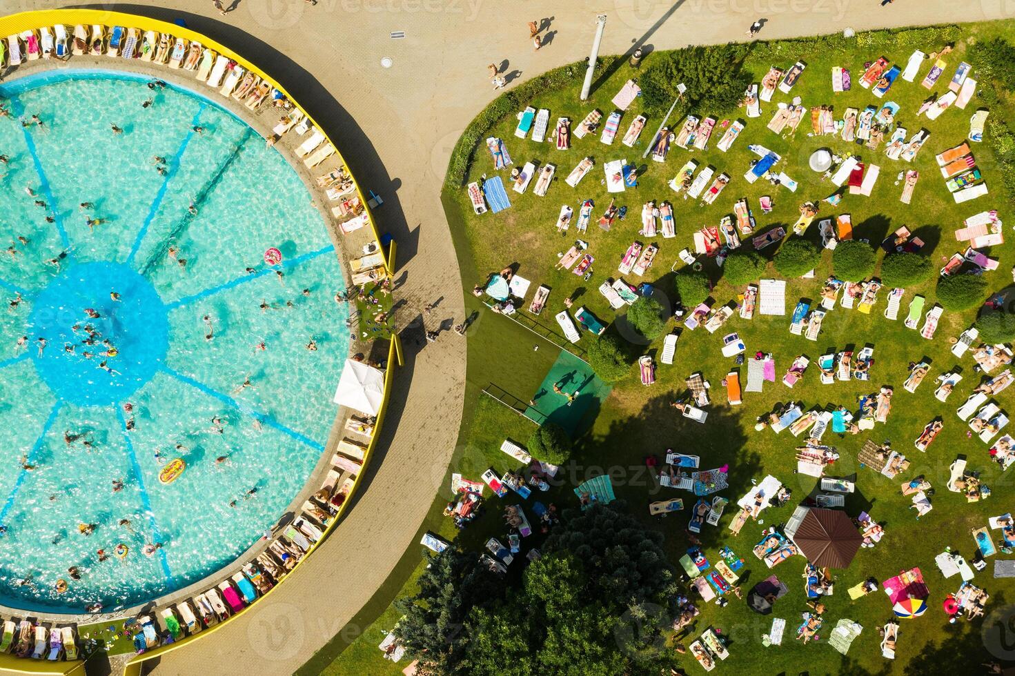 Top view of an outdoor place for people to relax where there is a swimming pool and a lot of sun beds photo