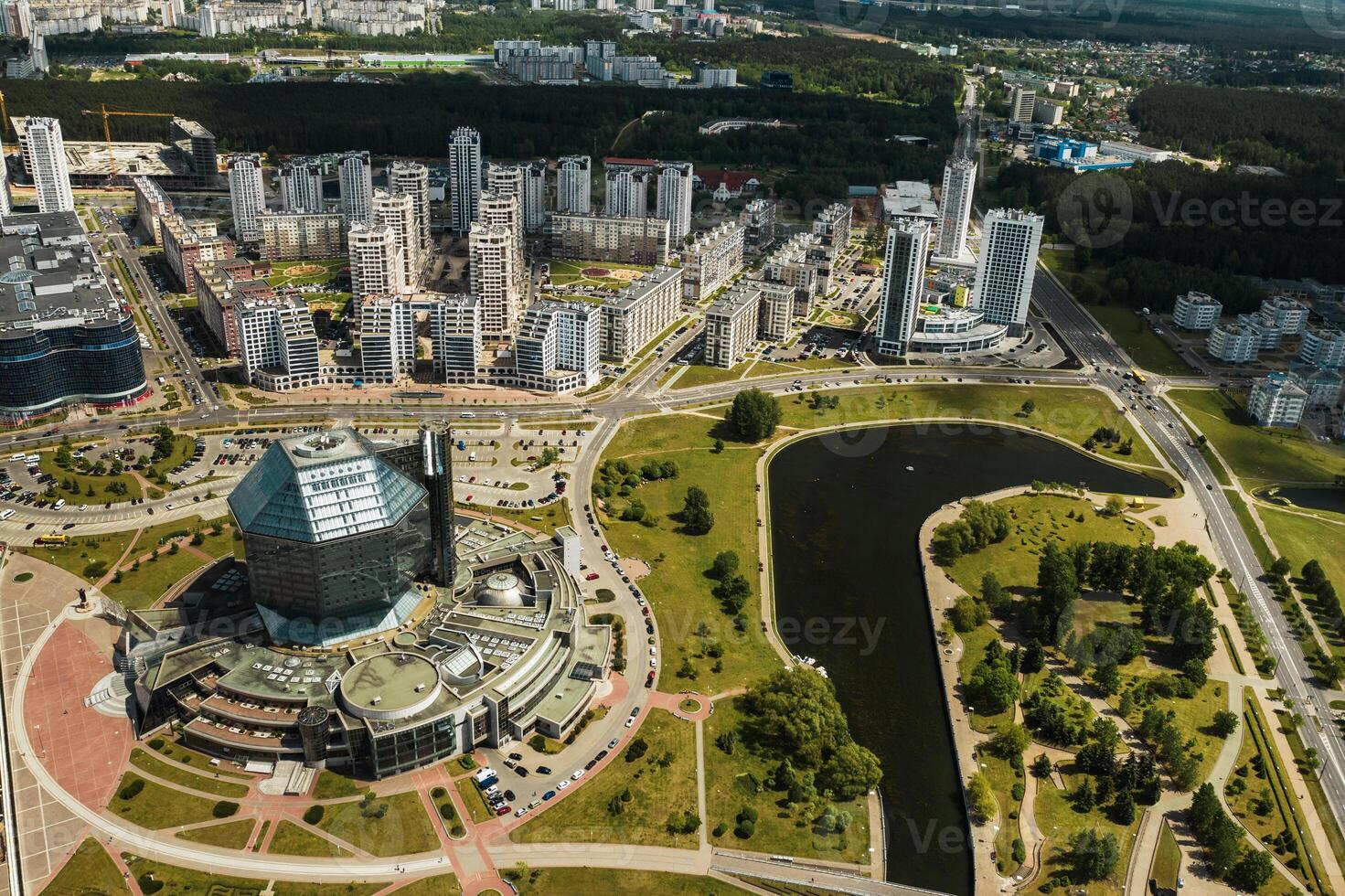Top view of the National library and a new neighborhood with a Park in Minsk-the capital of the Republic of Belarus, a public building photo