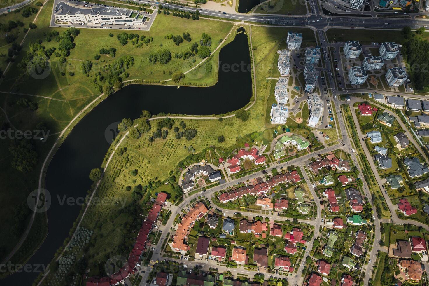 aerial photography from above of a large number of houses in the Eastern district of Minsk.The district of the city of Minsk the river Svisloch.Belarus photo