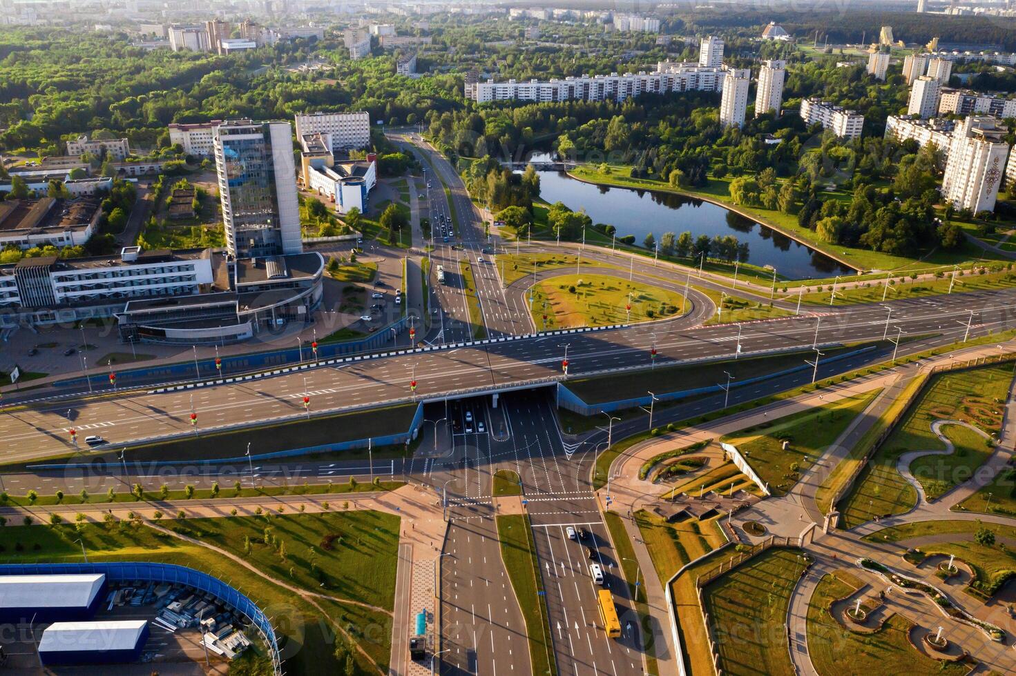 top view from the height of bird flight on Independence Avenue in Minsk.View of a road intersection in Minsk. Belarus. photo