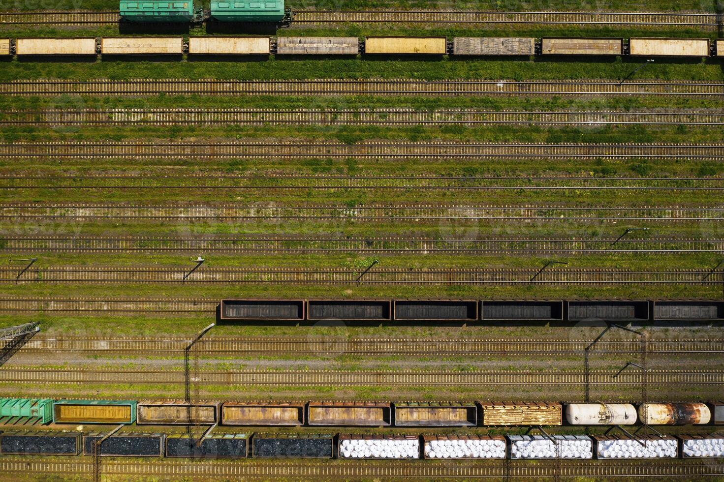 aerial photography of railway tracks and cars.Top view of cars and Railways.Minsk.Belarus photo