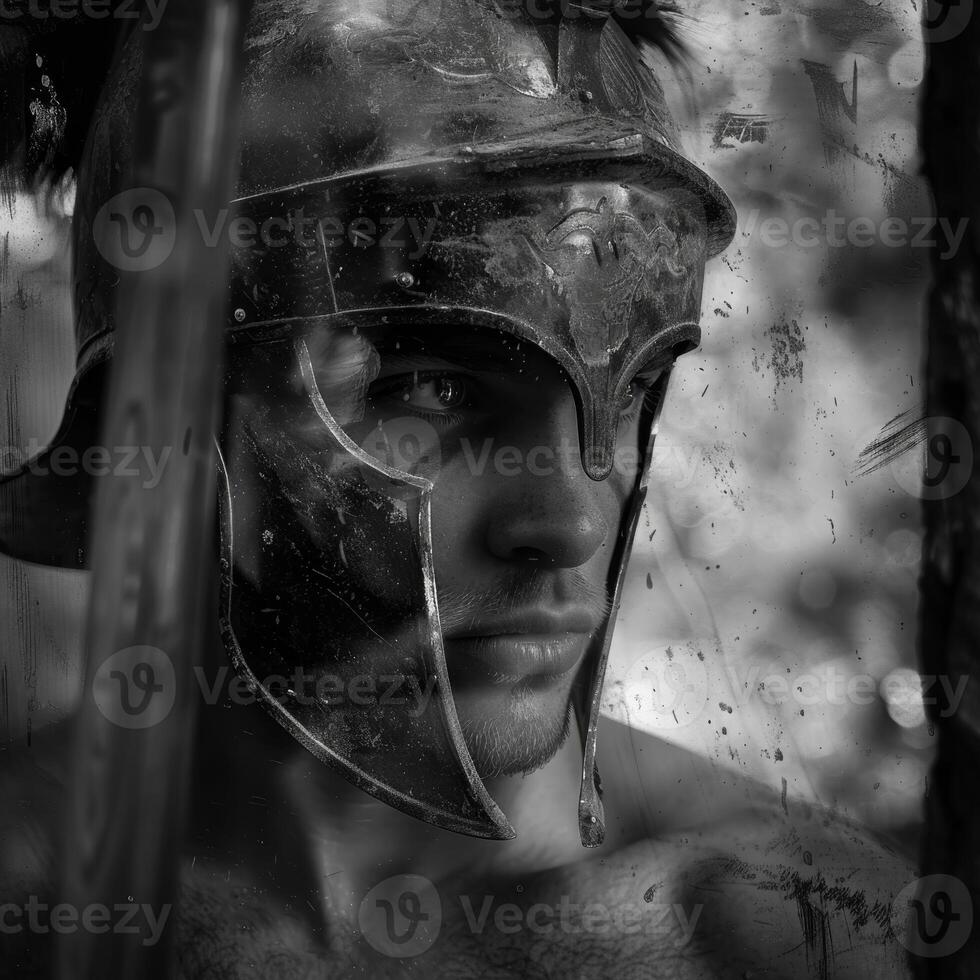 AI generated An ancient Greek warrior or gladiator. Black and white photo