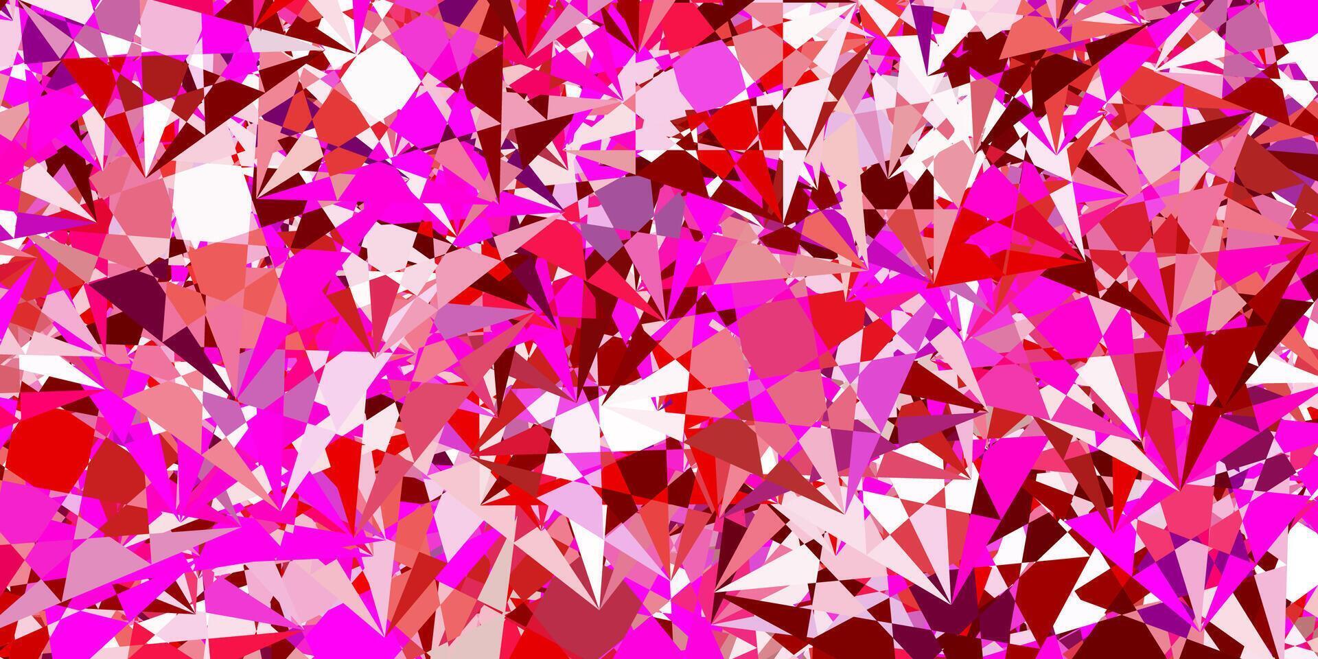 Telón de fondo de vector violeta, rosa claro con triángulos, líneas.