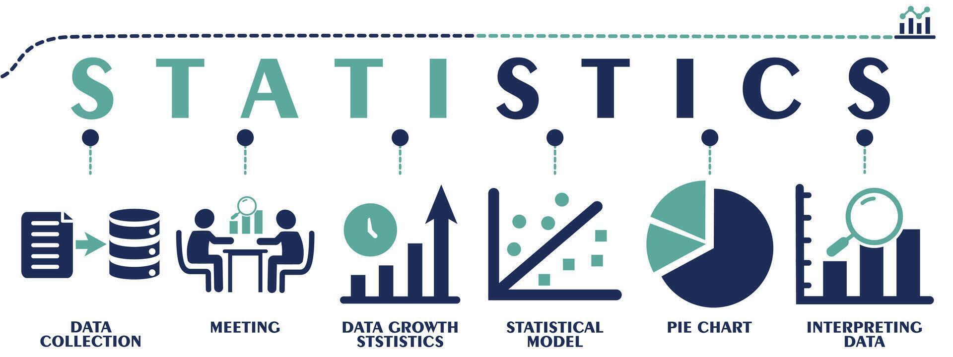 Statistics banner web solid icons. Vector illustration concept including icon as data collection, meeting, data growth statistics, statistical model, pie chart and interpreting data