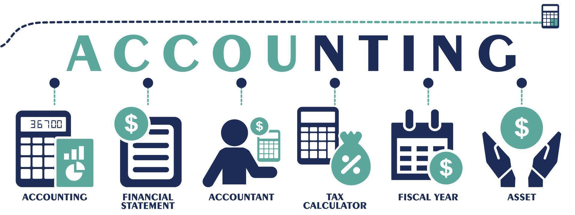 Accounting banner web solid icons. Vector illustration concept with an icon of financial statement, accountant, tax calculator, fiscal year and asset.