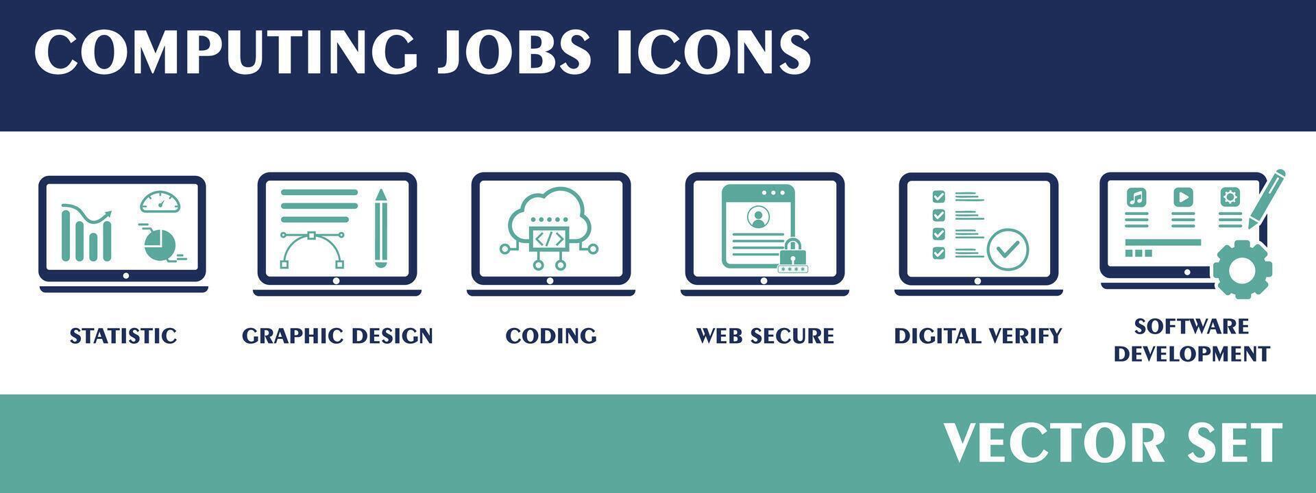 Computing Job Icons. Containing Statistic, Graphic Design, Coding, Web Secure, Digital Verify, Software Development. Flat Design Vector Set.