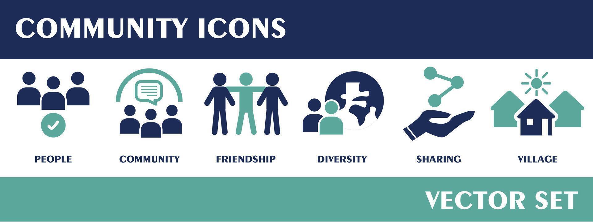 Community icons. Containing people, community, friendship, diversity, sharing, village.  Flat Design Vector Set.