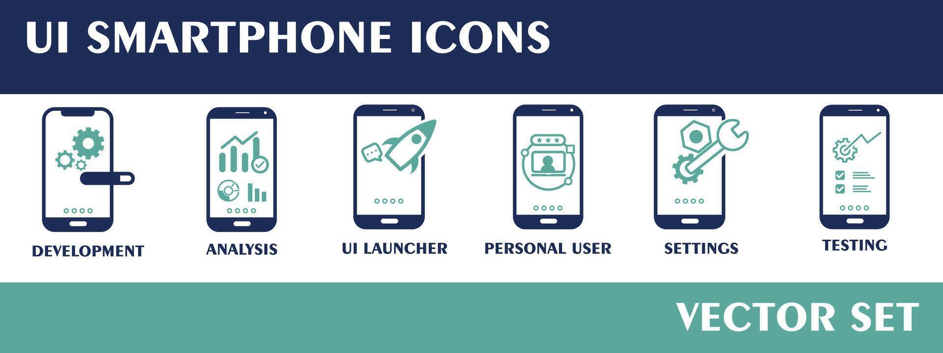 ui teléfono inteligente iconos conteniendo desarrollo, ui lanzacohetes, personal usuario, ajustes, pruebas, análisis. plano diseño vector. vector