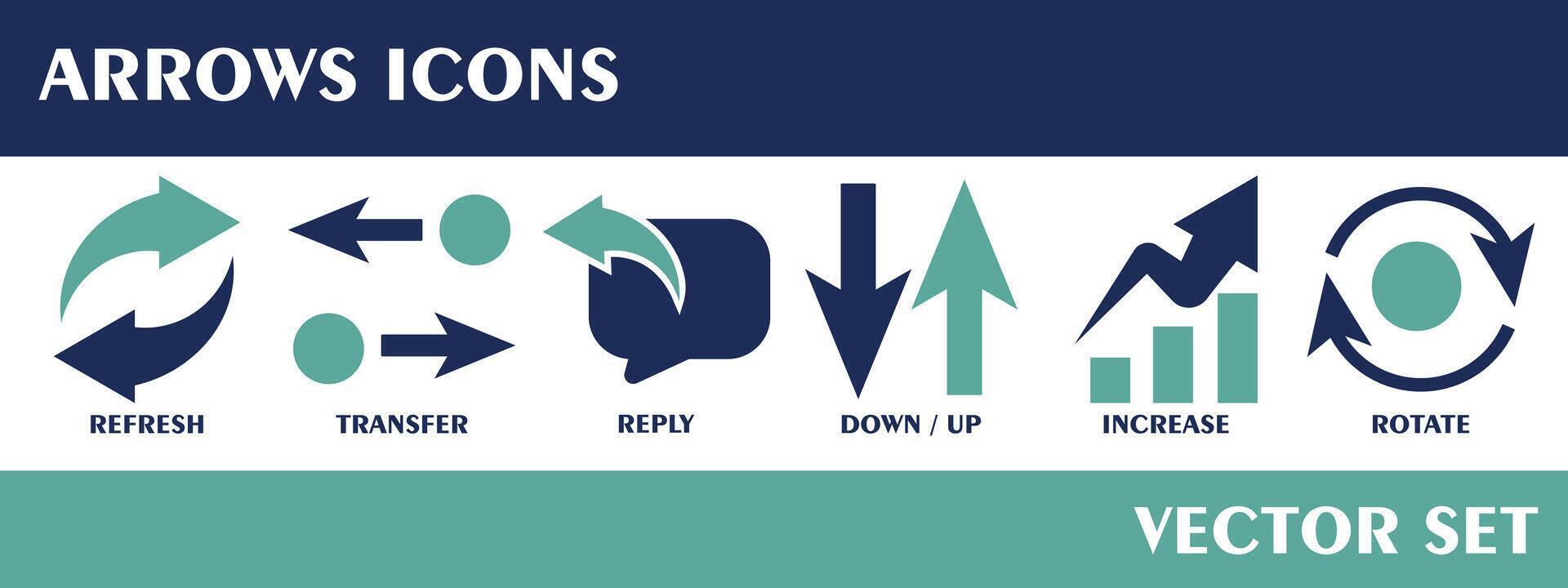Arrows icons. Containing refresh, transfer, reply, down up, increase, rotate. Solid icon. Vector set collection.