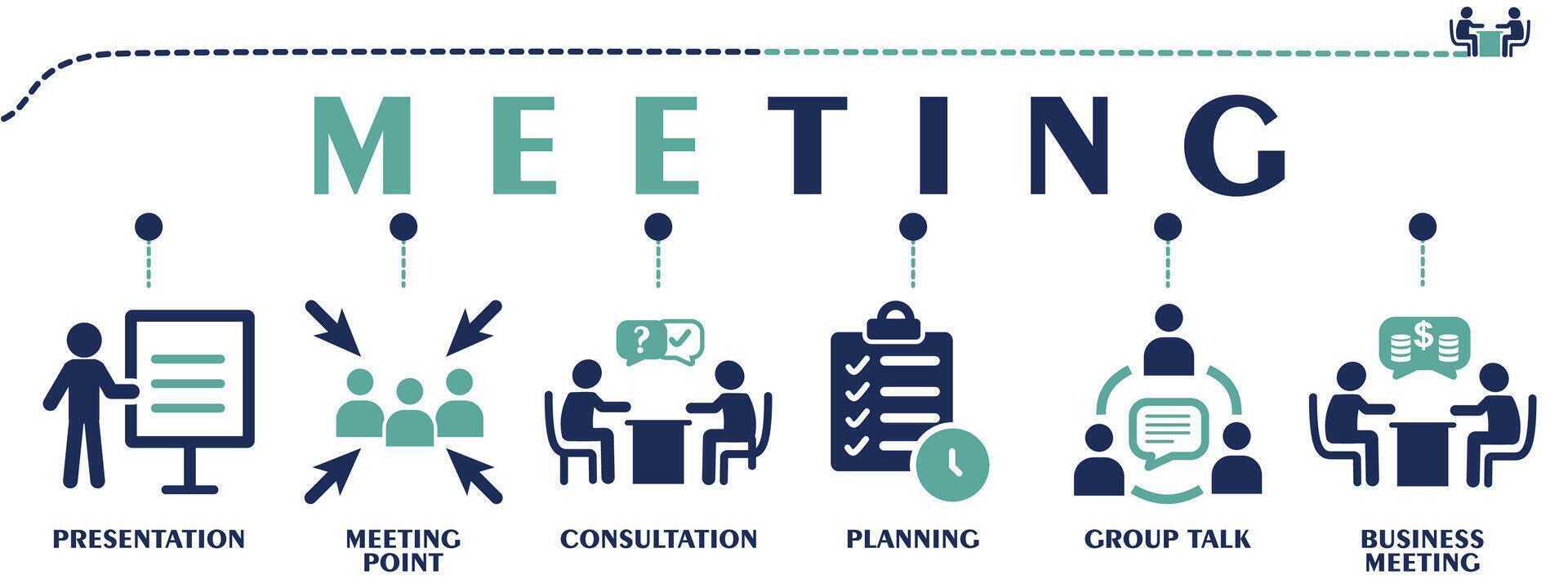 Meeting banner web solid icons. Vector illustration concept with an icon of presentation, meeting point, consultation, planning, group talk and business meeting