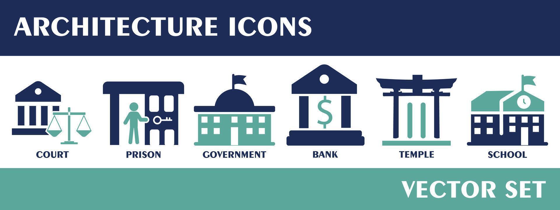 Architecture icons. Containing court, prison, goverment, bank, temple, school. Solid icon collection. Vector set.