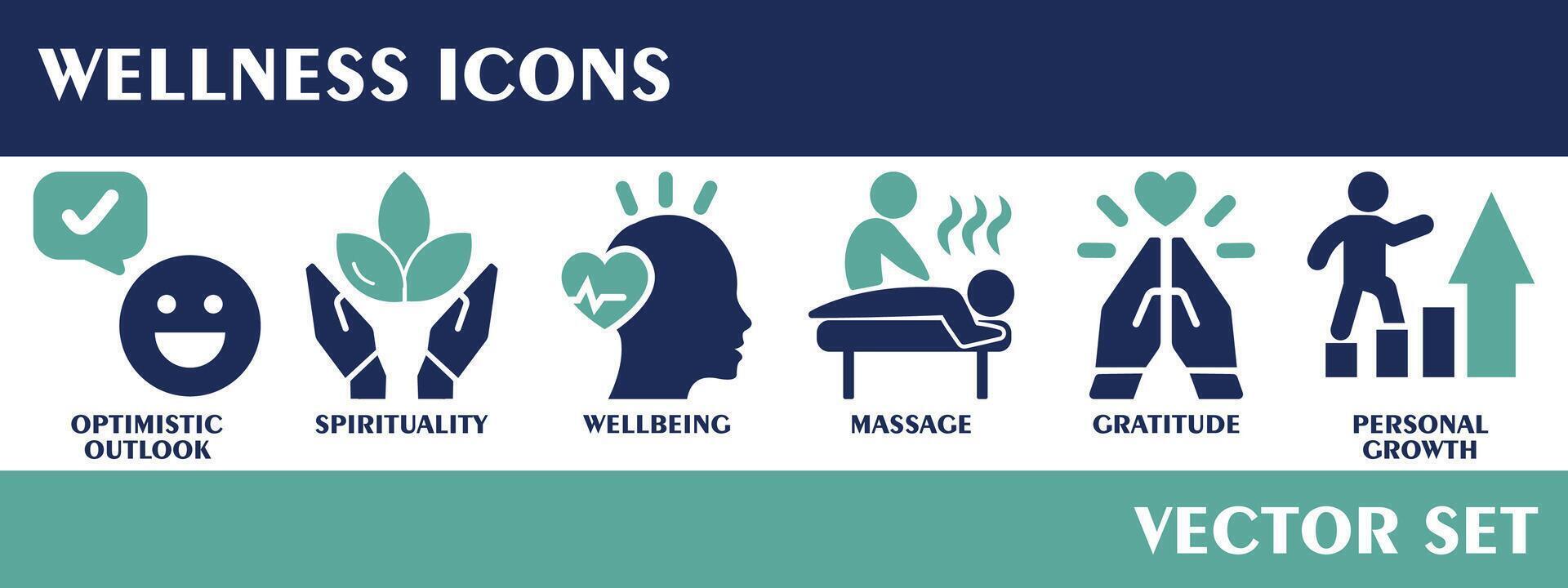 Wellness icons. Containing optimistic outlook, spirituality, wellbeing, massage, gratitude, personal growth. Solid icon. Vector set collection.