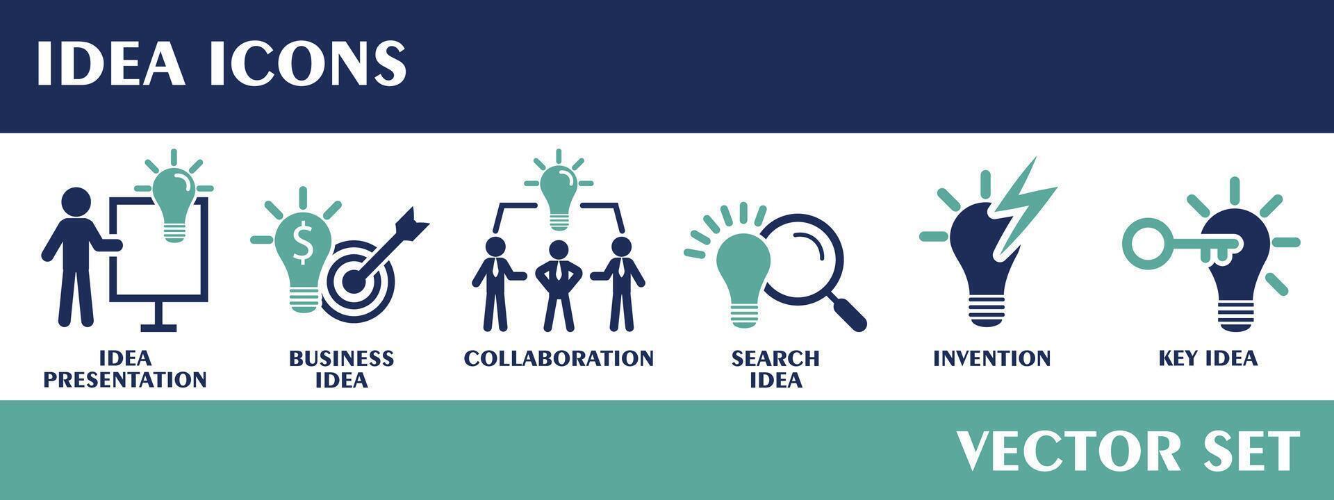 Idea icons. Containing idea presentation, business idea, collaboration, search idea, invention, key idea. Flat design vector set