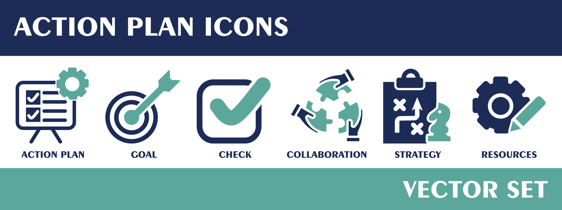 Action plan icons. Containing action plan, goal, check, collaboration ...