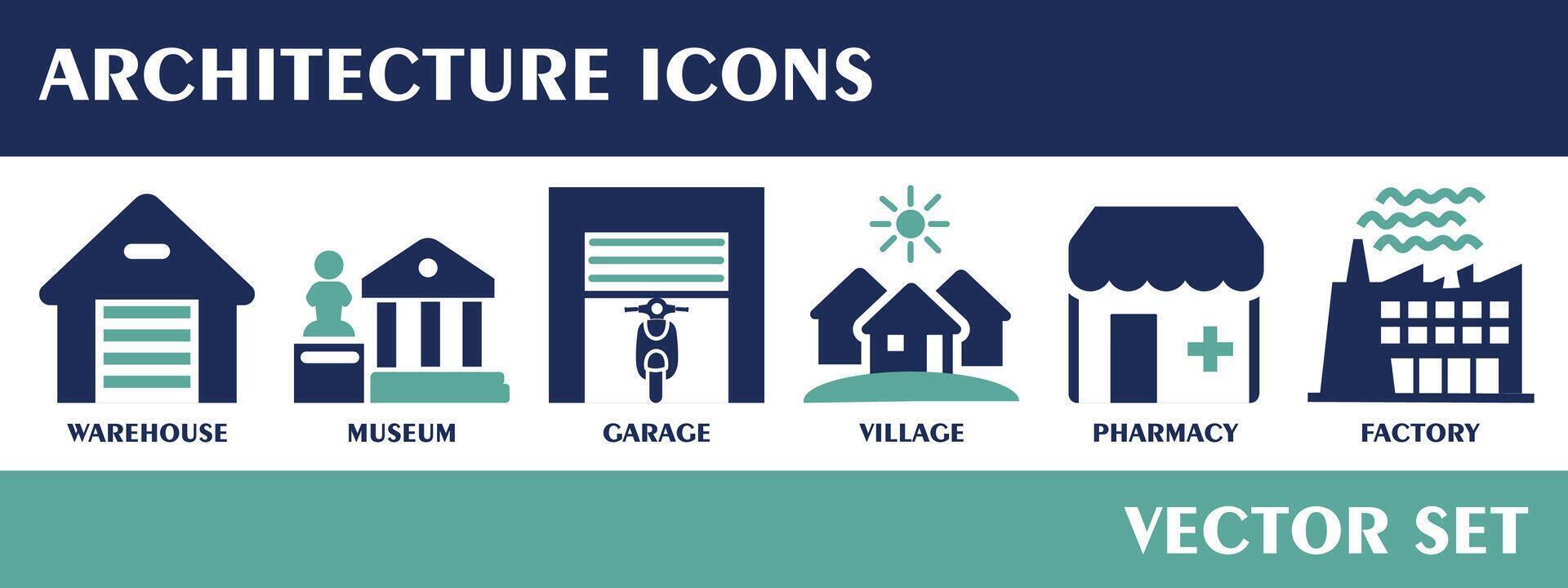 Architecture icons. Containing warehouse, museum, garage, village, pharmacy, factory. Solid icon collection. Vector set.