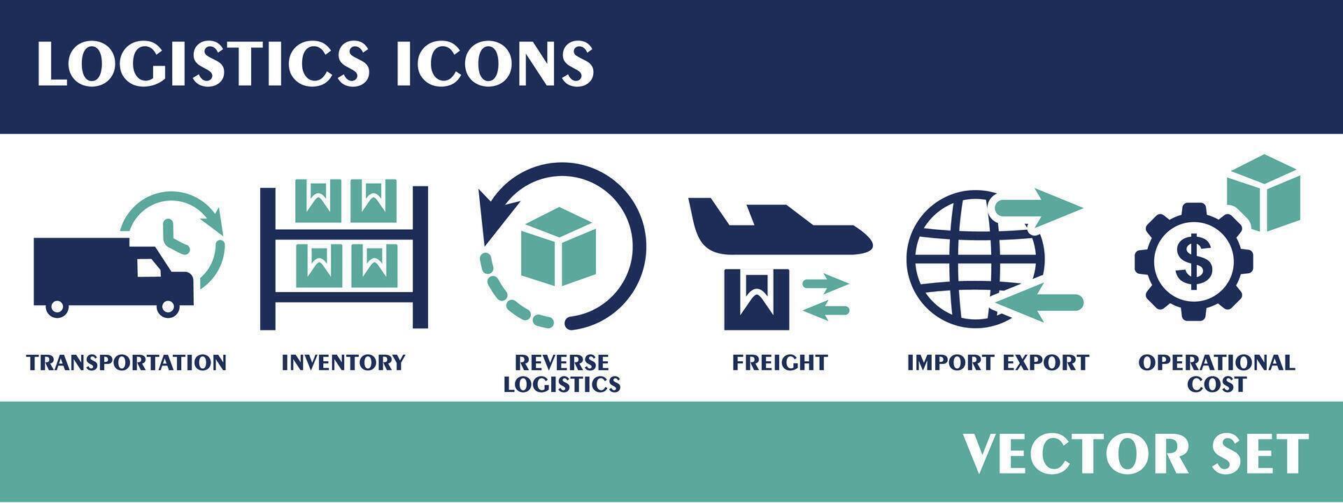 logística iconos conteniendo transporte, inventario, marcha atrás logística, transporte, importar exportar, Operacional costo. plano diseño vector colocar.