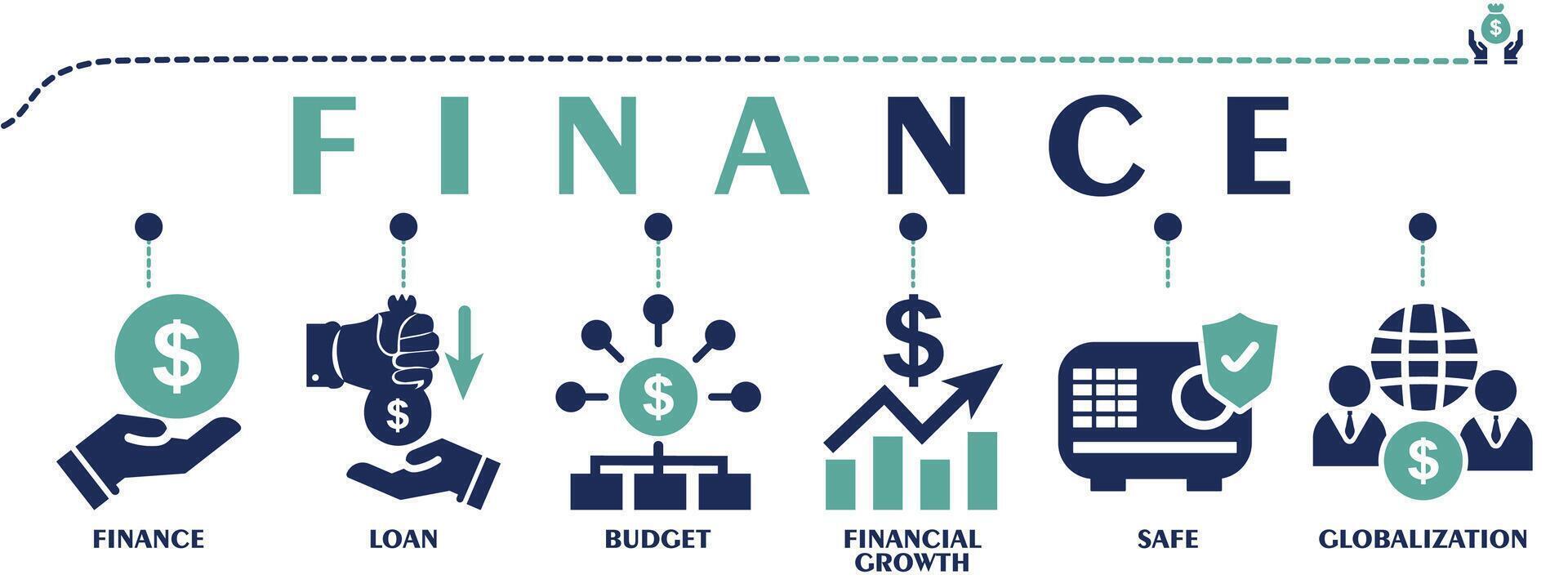 Finance banner web solid icons. Vector illustration concept including icon as finance, loan, budget, financial growth, safe and globalization