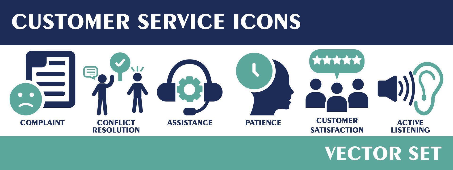 Customer service icons. Containing complaint, conflict resolution, assistance, patience, customer satisfaction, active listening, Solid icon collection. Vector set.