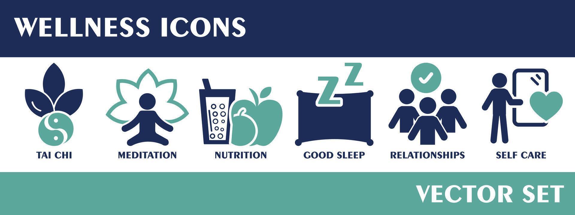 Wellness icons. Containing tai chi, meditation, nutrition, good sleep, relationships, self care. Vector set.