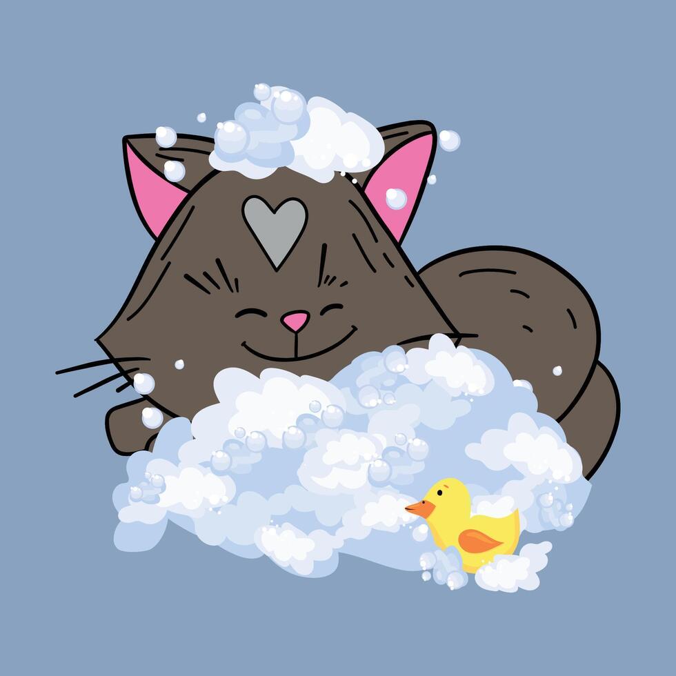 The Cute cat in a bubbles bath in a flat style. Grooming. Pet care illustration for content, label, banner, graphic and greeting card vector