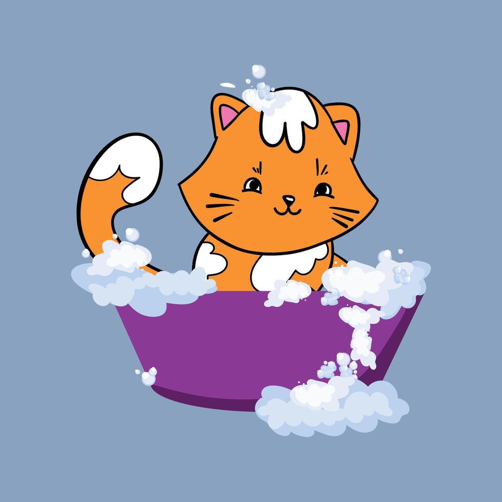 The Cute cat in a bubbles bath in a flat style. Grooming. Pet care illustration for content, label, banner, graphic and greeting card vector