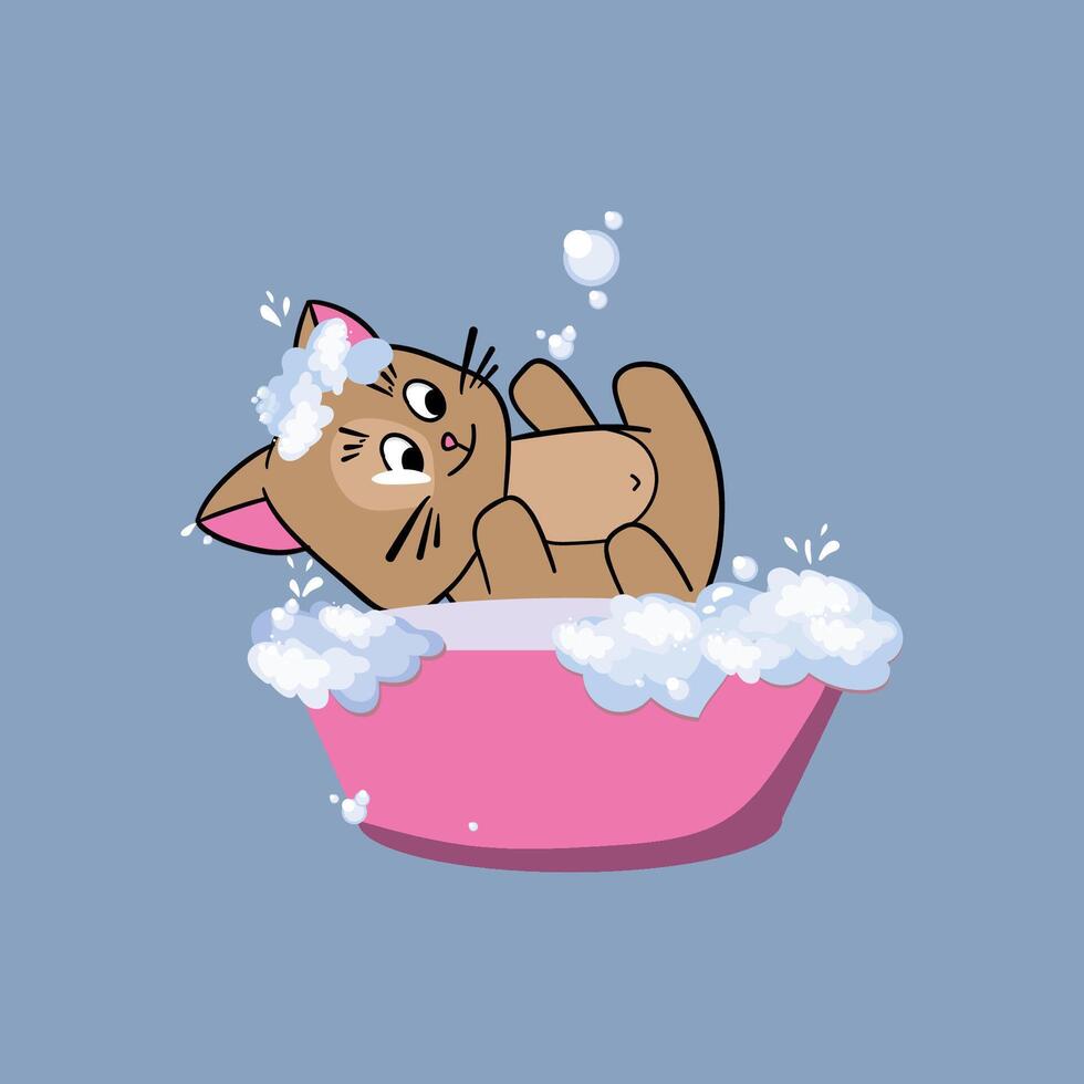 The Cute cat in a bubbles bath in a flat style. Grooming. Pet care illustration for content, label, banner, graphic and greeting card vector