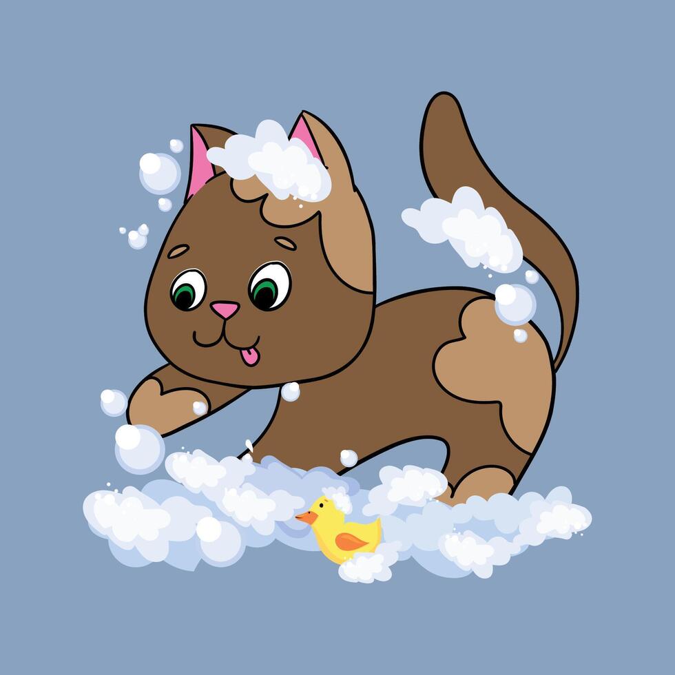 The Cute cat in a bubbles bath in a flat style. Grooming. Pet care illustration for content, label, banner, graphic and greeting card vector