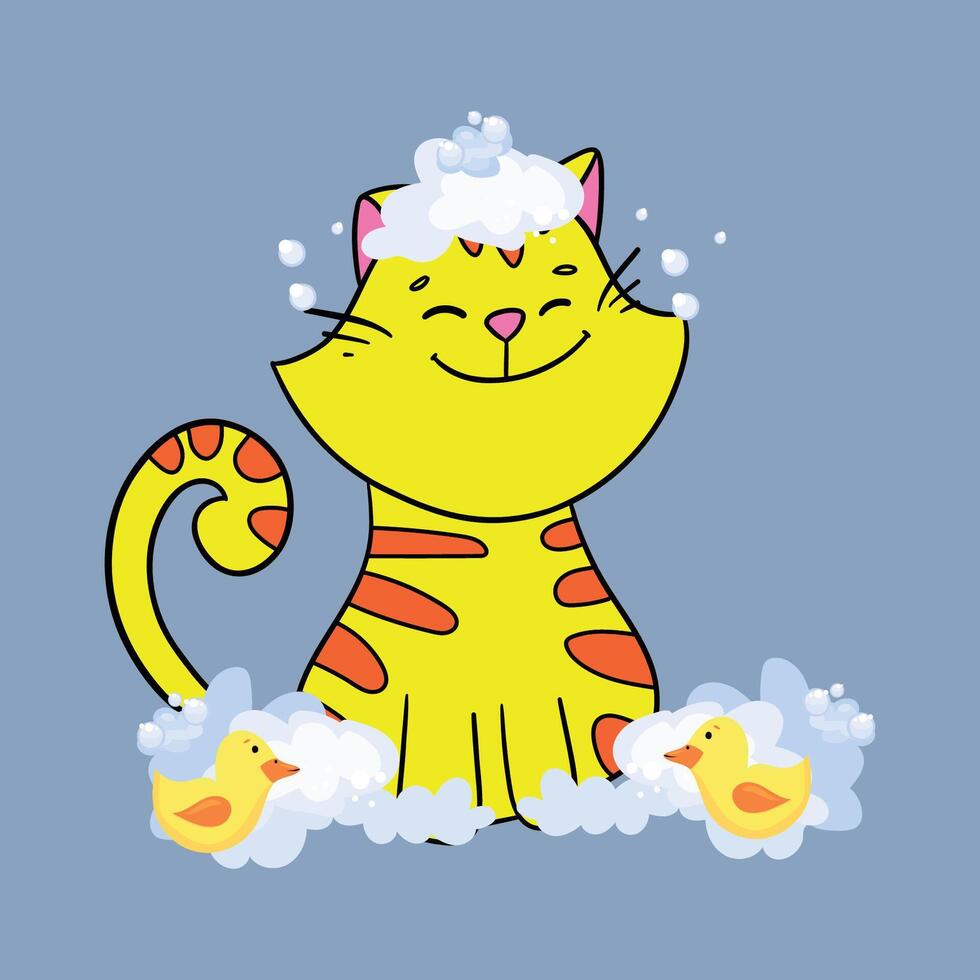 The Cute cat in a bubbles bath in a flat style. Grooming. Pet care illustration for content, label, banner, graphic and greeting card vector
