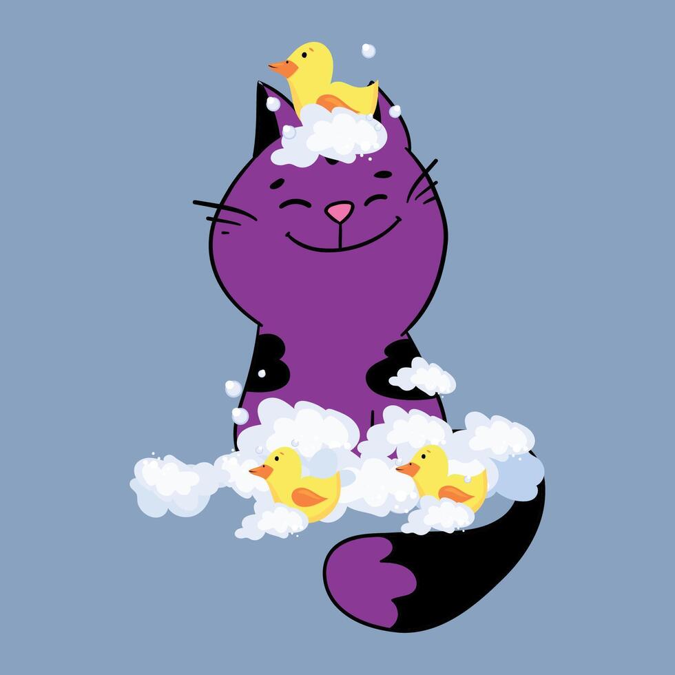 The Cute cat in a bubbles bath in a flat style. Grooming. Pet care illustration for content, label, banner, graphic and greeting card vector