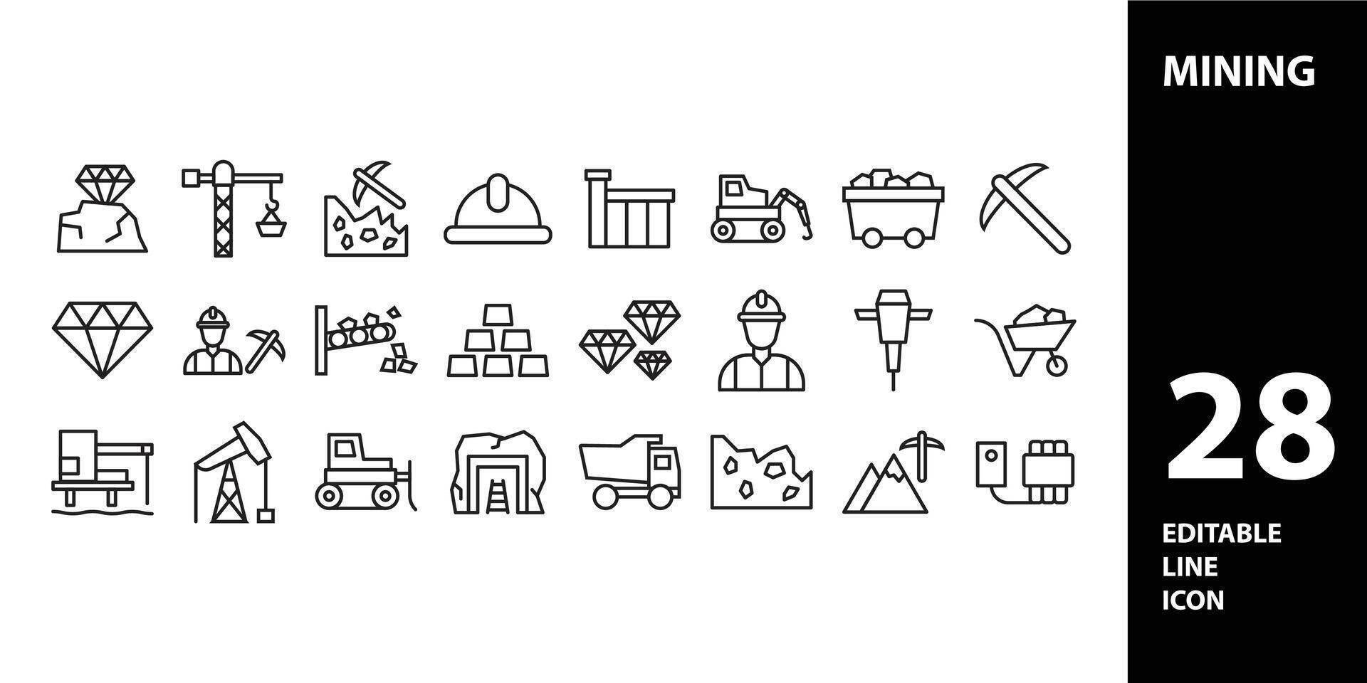 Mining, icon set. Extraction of minerals in the mine and surface, linear icons. Line with editable stroke vector