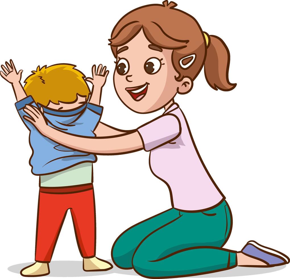 Vector illustrations of mother dressing her child.