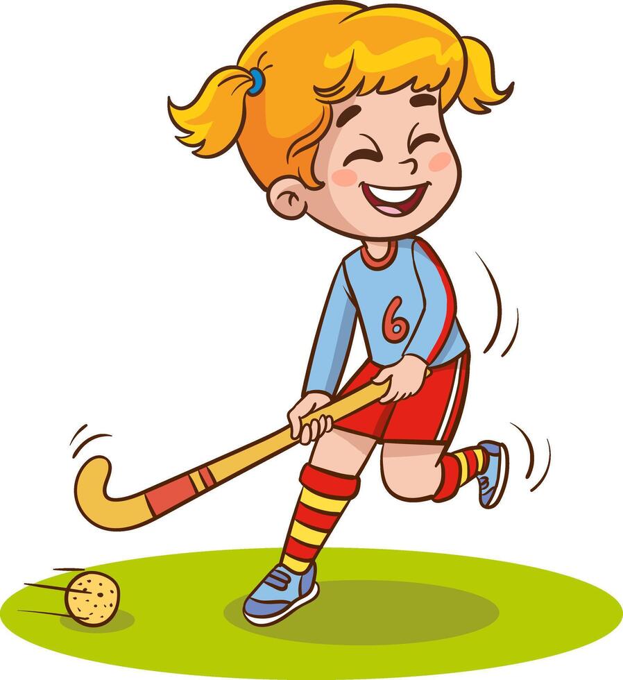 linda pequeño niños jugando campo hockey vector