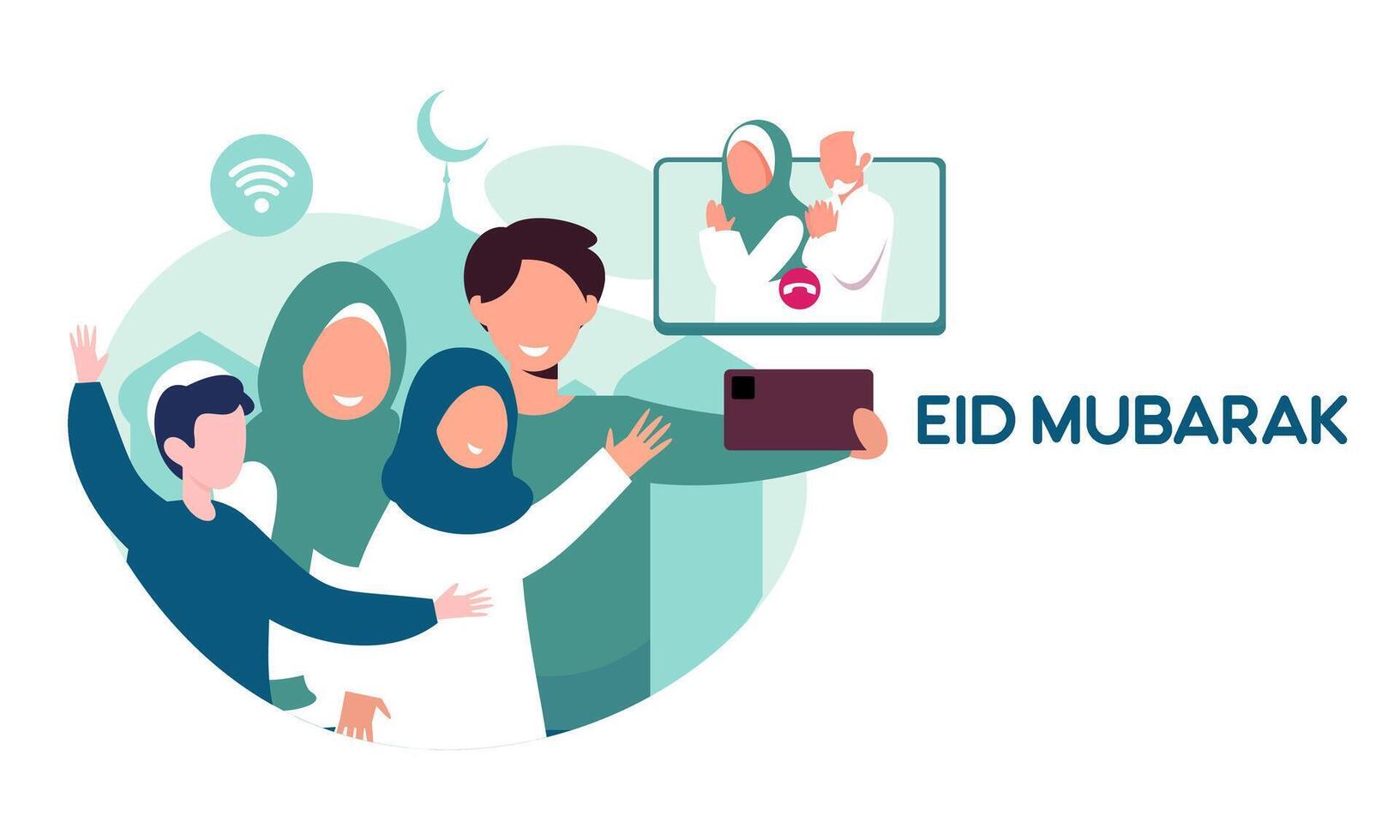 Muslim Family Contact Their Elder or Parents In Smartphone Video Call to Show Their Love in Eid Mubarak Celebration vector
