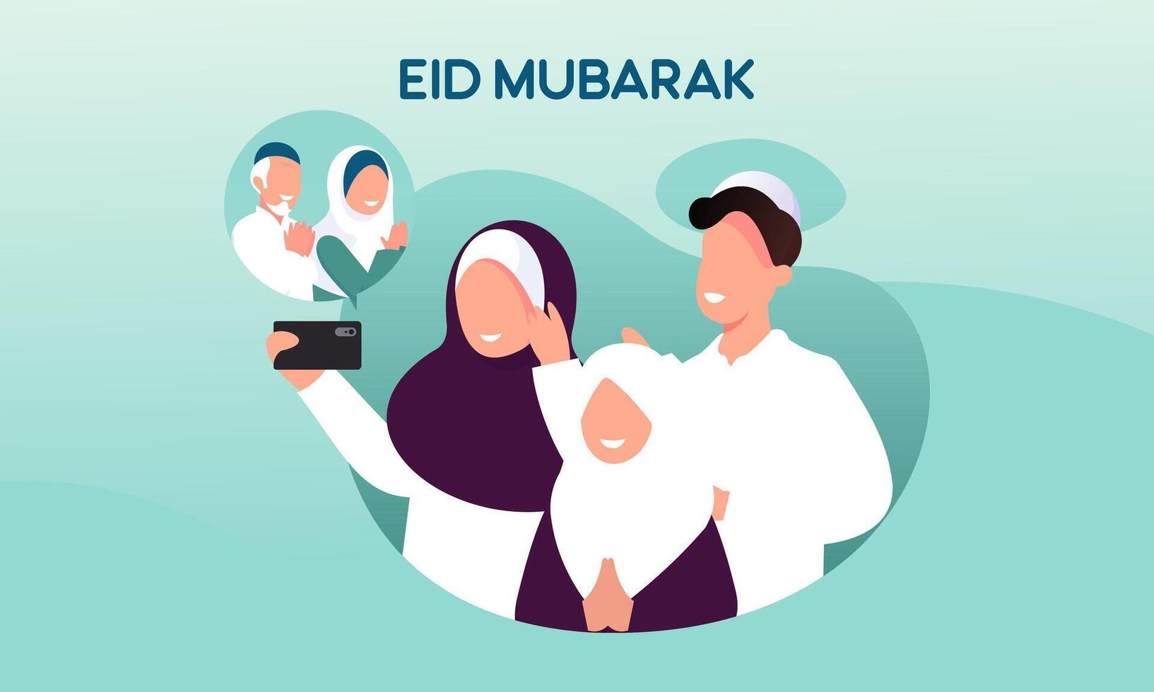 musulmán familia contacto su mayor o padres en teléfono inteligente vídeo llamada a espectáculo su amor en eid Mubarak celebracion vector