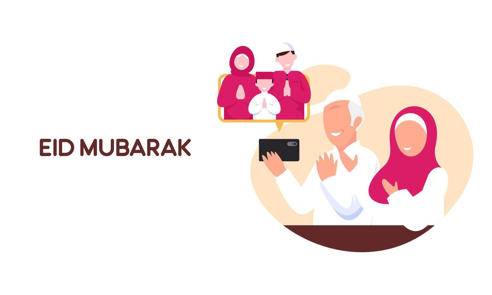 Muslim Family Contact Their Elder or Parents In Smartphone Video Call to Show Their Love in Eid Mubarak Celebration vector