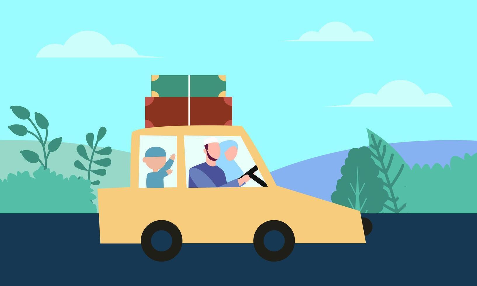 Muslim Family In Car Trip to Hometown during Eid Mubarak Celebration vector